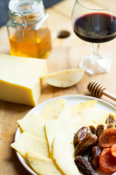 Cheese Plate Red Wine Dried Fruits Aromatic Honey — Stock Photo, Image