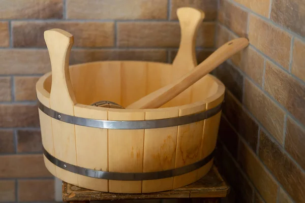 Japanese wooden bucket for a bath. National Japanese subject. Close-up