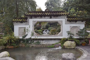 DUJIANGUAN, SICHUAN, ÇİN - 12 Kasım 2016: Dujiangyan bahçesindeki Bonsai.