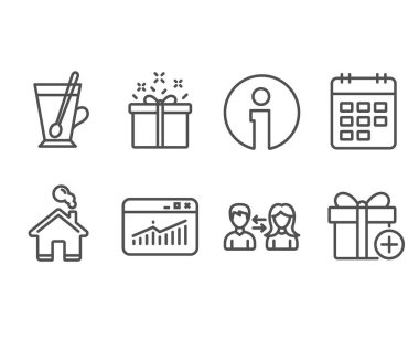 Ayarla Web sitesi istatistikleri, çay kupa, özel indirim, takvim, insanların iletişim, Ekle hediye, veri analizi, fincan çay kaşık, beyaz arka plan üzerinde izole teslim kutusunu işaretler