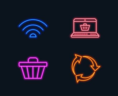 Küme Online alışveriş, Wifi ve alışveriş sepeti simgeler siyah arka plan üzerine