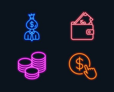 Neon ışıkları. Yöneticisi, m-cüzdan ve ipuçları simgeler kümesi. 