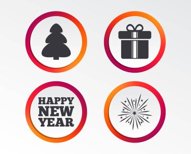 Mutlu yeni yıl simgesi. Noel ağacı ve hediye kutusu işaretleri. Havai fişek patlayıcı sembolü. 