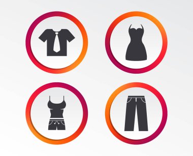Giysi simgeler. İş ile T-shirt bağla ve işaretleri pantolon. Kadın sembolü elbise. Infographic tasarım düğmeleri. 
