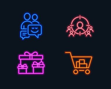 Neon ışıkları. İş hedefleme, sürpriz kutuları ve iletişim simgeler kümesi. Internet alışveriş işareti. İnsanlar ve hedef, tatil hediyeler, iş mesajları nişan al. İle alışveriş sepeti. Vektör