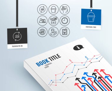 İş portföyü, Online Eğitim ve Cashback simgeler kümesi. Kova, veri güncelleştirme ve iletileri işaretler. Zaman, Kaldır hesap ve pencere temizleme sembolleri. İş görüşmesi. Internet dersler. Vektör