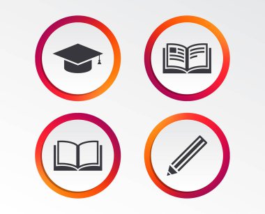 Kalem ve açık kitap simgeleri. Mezuniyet kap sembolü. Yükseköğretim işaretleri öğrenin. Infographic tasarım düğmeleri. Daire şablonları. Vektör