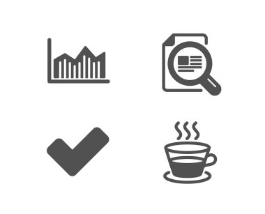 Para diyagramı, onay makale ve kene simgeler kümesi. Kahve fincanı işareti. Para birimi diyagramı, Büyüteç Camı, Onayla onay. Çay Kupa. Kalite tasarım öğeleri. Klasik tarzı. Vektör