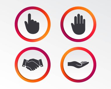 El simgeler. El sıkışma başarılı iş sembolü. Burada basın işaretini tıklatın. İnsan yardım bağış eli. Infographic tasarım düğmeleri. Daire şablonları. Vektör