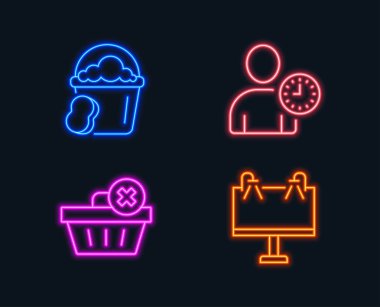 Neon ışıkları. Delete emri, zaman yönetimi ve sünger simgeler kümesi. Yol afiş işaret. Temiz sepeti, saat, temiz kova olan kullanıcı. Reklam. Parlayan grafik tasarımlar. Vektör