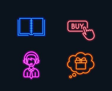 Neon ışıkları. Satın Al düğmesini, nakliye destek ve kitap simgeler kümesi. Hediye rüya işareti. Online alışveriş, teslim Yöneticisi, E-öğrenme kursu. Bir hediye alırsınız. Parlayan grafik tasarımlar. Vektör