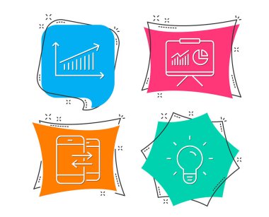 Sunum, grafik ve telefon iletişim simgeler kümesi. Ampul işareti. Grafikler, sunu grafik, gelen ve giden aramaları ile yönetim kurulu. Lamba enerji. Düz geometrik renkli Etiketler. Canlı afiş