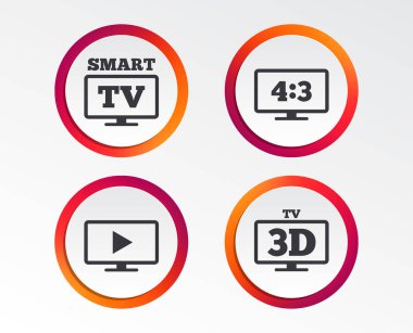 Akıllı Tv modu simgesi. En boy oranı 4:3 geniş ekran simgesi. 3D televizyon işareti. Infographic tasarım düğmeleri. Daire şablonları. Vektör