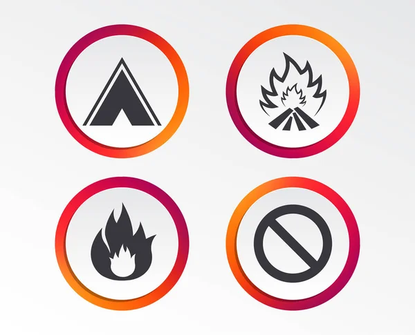 Tourist Camping Tent Icon Fire Flame Stop Prohibition Sign Symbols — Stock Vector