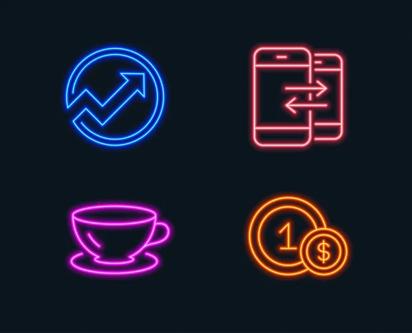 Luces Neón Conjunto Iconos Comunicación Auditoría Espresso Teléfono Signo Monedas — Vector de stock