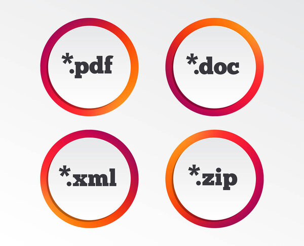 Document icons. File extensions symbols. PDF, ZIP zipped, XML and DOC signs. Infographic design buttons. Circle templates. Vector