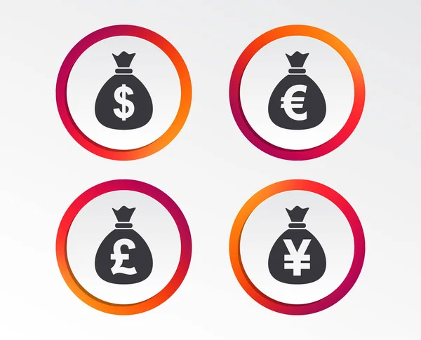 Geldsacksymbole Dollar Euro Pfund Und Yen Symbole Usd Eur Gbp — Stockvektor