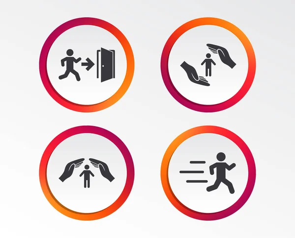 Life Insurance Hands Protection Icon Human Running Symbol Emergency Exit — Stock Vector
