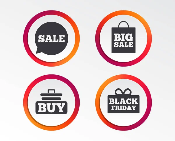 Verkauf Sprechblasensymbole Warenkorb Symbole Kaufen Black Friday Geschenk Box Zeichen — Stockvektor