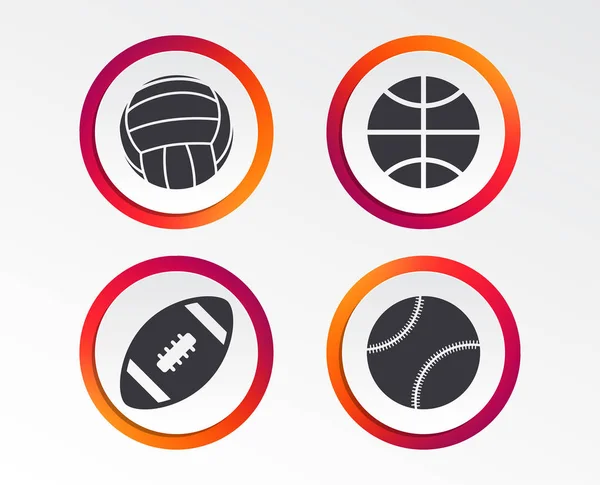 Ícones Bolas Esportivas Vôlei Basquete Beisebol Futebol Americano Jogos Desportivos —  Vetores de Stock
