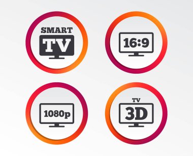 Akıllı Tv modu simgesi. En-boy oranı 16:9 geniş ekran simgesi. Dolu hd 1080p kararlılık. 3D televizyon işareti. Infographic tasarım düğmeleri. Daire şablonları. Vektör