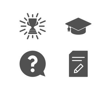 Kupa, soru işareti ve mezuniyet kap simgeler, beyaz arka plan üzerinde Düzenle belge işareti kümesi