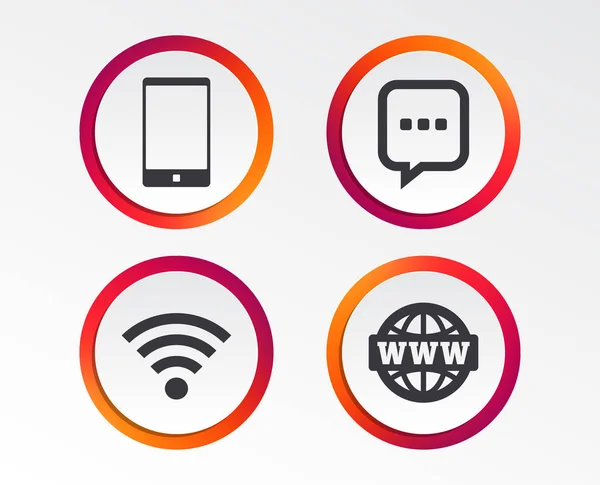 Mededeling Iconen Smartphone Chat Tekstballon Symbolen Wifi Internet Globe Borden — Stockvector