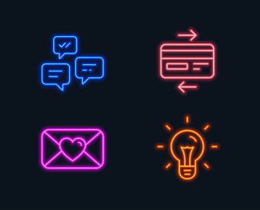 Sevgililer, sohbet mesajları ve kredi kartı simgeleri, fikir işareti Neon ışık kümesi