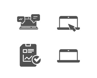 Internet sohbet, rapor denetim listesi ve taşınabilir bilgisayar simgeler, beyaz arka plan üzerinde Laptop işareti