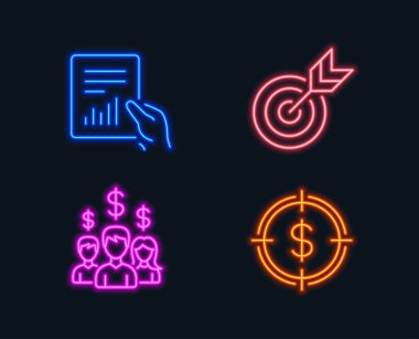 Neon ışıkları. Hedef, belge ve maaş çalışanlar simgeler kümesi. Dolar hedef işareti. Hedefleme, diyagram, insanlar kazanç ile dosya. YTL ile nişan al. Parlayan grafik tasarımlar. Vektör
