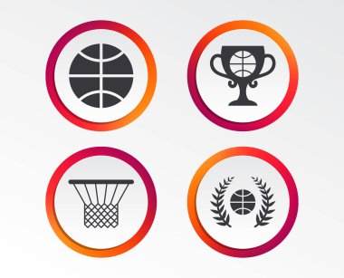 Basketbol spor simgeler. Sepet ve Ödülü Kupası işaretleri ile top. Defne çelengi sembolü. Infographic tasarım düğmeleri. Daire şablonları. Vektör