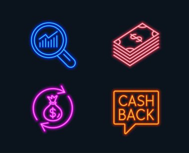 Neon ışıkları. Dolar, para değişimi ve veri analizi simgeler kümesi. Para transferi işareti. YTL para birimi, para çanta, Büyüteç Camı. Cashback mesaj. Parlayan grafik tasarımlar. Vektör
