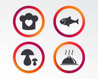 Kalp ve pişirme pan simgeler Şef şapkalı. Balık ve çörek mantar işaretleri. Sıcak yemek tabağı hizmet sembolü. Infographic tasarım düğmeleri. Daire şablonları. Vektör