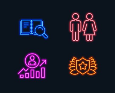 Neon ışıkları. Areer merdiven, arama kitap ve tuvalet simgeler kümesi. Ödüllü işareti. Yöneticisi sonuçları, Online eğitim, Wc tuvalet. Ödülü kalkan.