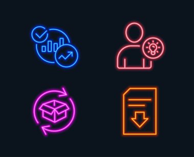 Neon ışıkları. İstatistik, Kullanıcı fikir ve dönüş parsel simgeler kümesi. Dosya işareti indirin. Rapor grafikler, ampul, malların değişimi. Yük belge. Parlayan grafik tasarımlar. Vektör