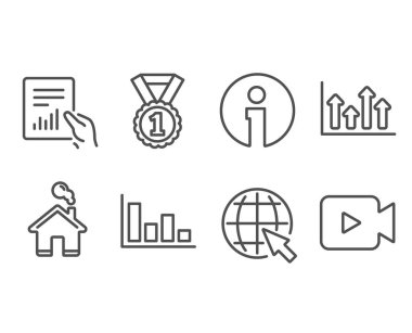 Histogram, üst ok ve en iyi rütbe simgeleri kümesi. Internet, belge ve Video kamera imzalar. Ekonomik eğilim, büyüme infochart, başarı madalyası. Dünya web, diyagram, film ve sinema ile dosya. Vektör