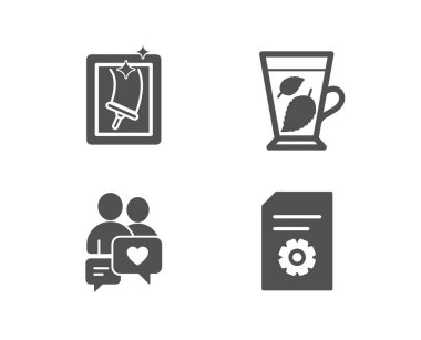 Temizleme, nane yaprakları ve sohbet simgeler Dating pencere kümesi. Dosya ayarları işareti. Temizliği, Mentha yaprak, insanlar aşk. Dosya yönetimi. Kalite tasarım öğeleri. Klasik tarzı. Vektör