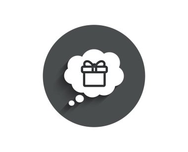 Hediye basit simgesini rüya. Komik konuşma balonu işaret kutusunda mevcut. Doğum günü alışveriş sembolü. Paket hediye paketi içinde. Circle gölge ile düz düğme. Vektör