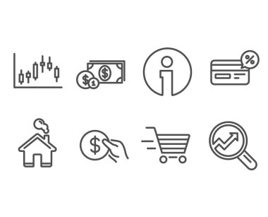 Teslimat alışveriş, Şamdan grafiği ve Cashback simgeler kümesi. Ödeme, Doları para ve Analytics işaretler. Online Alış, ekonomi grafik, Sigara-nakit ödeme. USD sikke, sikke, denetim analizi ile nakit