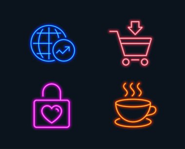 Neon ışıkları. Online Pazar, düğün soyunma ve dünya istatistikleri simgeler kümesi. Kapuçino işareti. Alışveriş sepeti, Sevgililer günü, küresel raporu. Espresso fincan. Parlayan grafik tasarımlar. Vektör