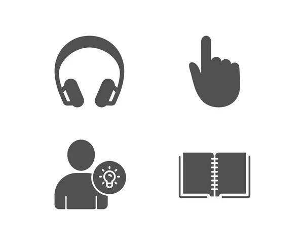 一套耳机 用户想法和手点击图标 图书标志 音乐监听装置 定位指针 电子学习课程 质量设计要素 经典风格 — 图库矢量图片