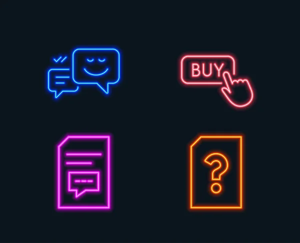 Neon lights. Set of Buy button, Happy emotion and Comments icons. Unknown file sign. Online shopping, Web chat, Document with speech bubble. Doc with question mark.  Glowing graphic designs. Vector