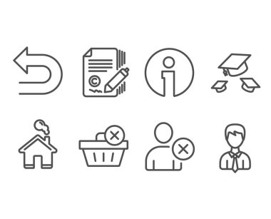 Delete satınalma, silmeye ve geri alma simgeler kümesi. Şapkalar, atmak Copywriting ve işadamı işaretleri.