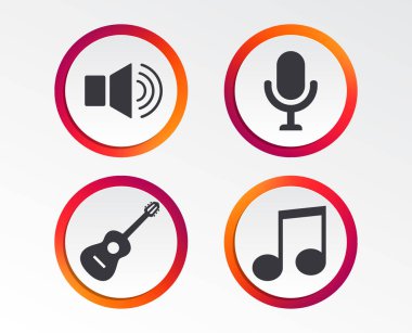 Müzikal öğeleri simgeler. Mikrofon ve ses hoparlör simgeleri. Müzik Not ve akustik gitar işaretleri. Infographic tasarım düğmeleri. Daire şablonları. Vektör