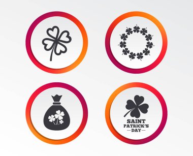 Aziz Patrick günü simgeler. Para çantasını yonca işareti ile. Quatrefoil yonca çelenk. İyi şanslar sembolü. Infographic tasarım düğmeleri. Daire şablonları. Vektör