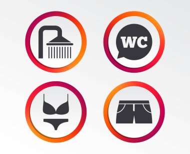 Yüzme Havuzu simgeler. Duş su damlaları ve mayo simgeler. WC tuvalet konuşma balonu işareti. Mayo ve kadın iç çamaşırı. Infographic tasarım düğmeleri. Daire şablonları. Vektör