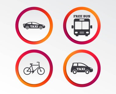 Toplu taşıma simgeler. Ücretsiz otobüs, Bisiklet ve taksi işaretler. Araba taşıma sembolü. Infographic tasarım düğmeleri. Daire şablonları. Vektör