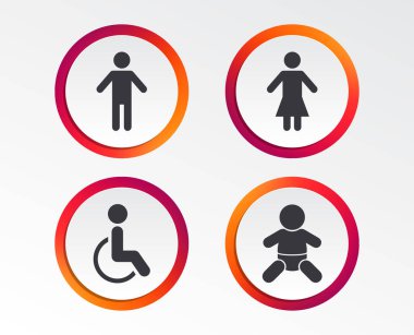 WC tuvalet simgeler. İnsan erkek veya kadın işaretler. Bebek bebek veya toddler. Engelli özürlü geçersiz simge. Infographic tasarım düğmeleri. Daire şablonları. Vektör