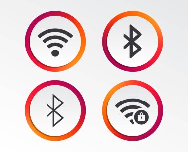 WiFi ve Bluetooth simgeler. Kablosuz Mobil ağ sembolleri. Wi-fi bölge şifre korumalı. Veri işareti aktarın. Infographic tasarım düğmeleri. Daire şablonları. Vektör