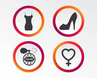 Kadın kutsal kişilerin resmi elbise. Seksi Ayakkabı işareti. Parfüm glamour koku sembolü. Infographic tasarım düğmeleri. Daire şablonları. Vektör